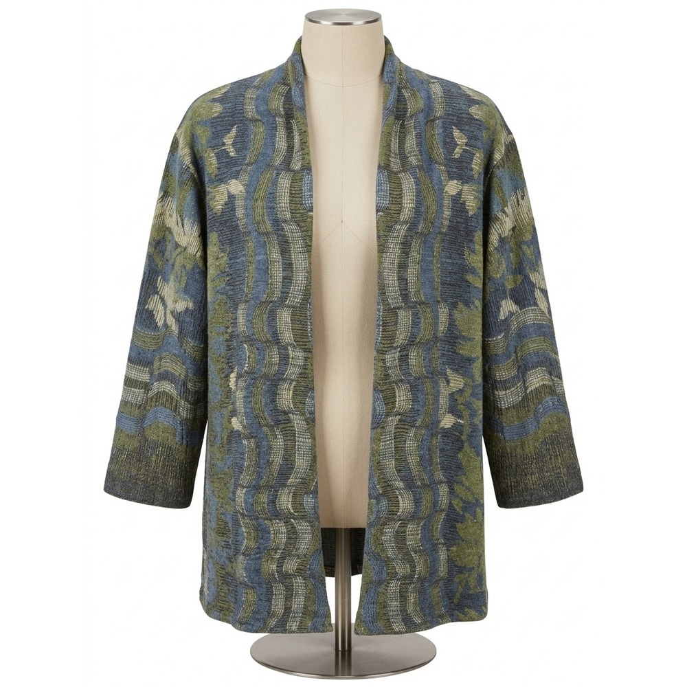 John Mark Blue Green Abstract Floral Jacquard Open Front Cardigan Jacket Large
